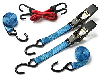 Ratchet Straps, Tie Down by Super Smithee, 2 Pack - 1 inch x 15 Ft. 800 Lbs. Load Capacity, Plus 2 BONUS Heavy Duty Bungee Cords 24" All in Convenient Carrying Case, GREAT GIFT