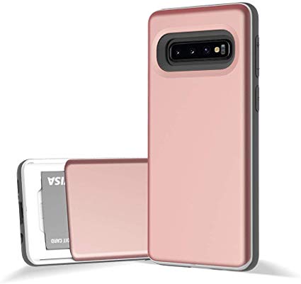 Design Skin Galaxy S10 Case, [Slider] Extreme Heavy Duty Triple Layer Bumper Protection of Sliding Wallet Card Holder Cover for Samsung Galaxy S10 - Rose Gold