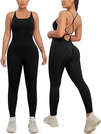 KIWI RATA Womens Butt Lift Blackless Workout Yoga Jumpsuit Sleeveless Bandage Fitness Sport Gym Romper Playsuit