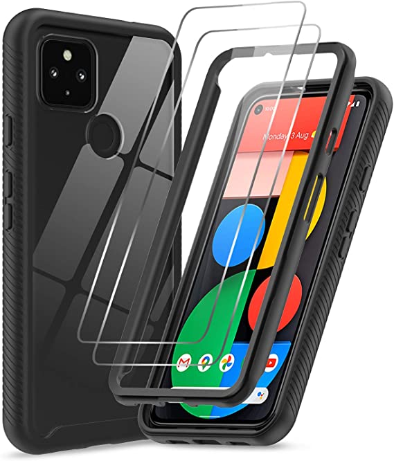 Pixel 4A 5G Case (Not Fit 4G), Google Pixel 4A 5G Case with 2 Tempered Glass Screen Protector, LeYi Full Body Protective Rugged Hybrid Bumper Shockproof Clear Phone Cover Case for Pixel 4A 5G, Black