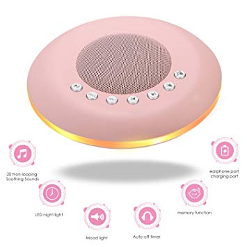 White Noise Machine - Sound Machine with LED Colorful Night Light for Kids Adult - 20 Non-Looping Soothing Sounds Baby Therapy Sound Machine, Built-in Auto-Off Timer & 3 Power Supply Modes(Pink)