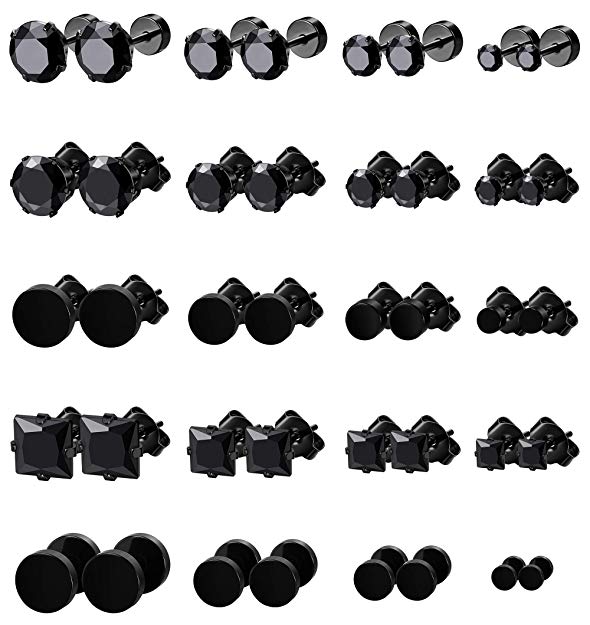 LOLIAS 6-20 Pairs Black Stainless Steel CZ Stud Earrings Set for Men Women Black Cubic Zirconia Earrings Piercing