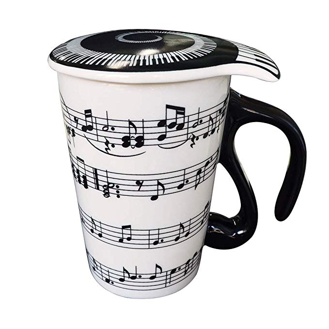 Giftgarden 13.5 oz Coffee Tea Travel Mug with Lid Staves Music Notes Ceramic Cup