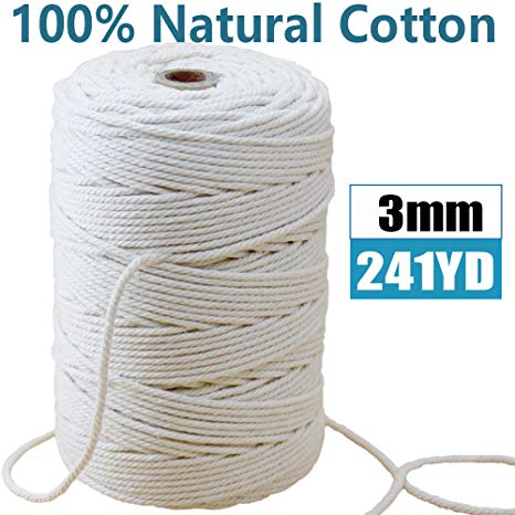 Mygogo Macrame Cord 3mm x 241Yards (About 220m,722feet) Natural Cotton Macrame Rope 4 Strand Twisted Soft Cotton Cord for Handmade Wall Hanging Plant Hanger Craft Making DIY Decoration Natural Color