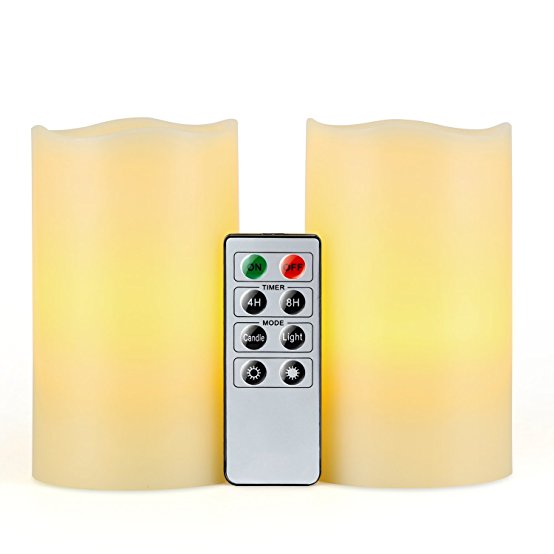 Kohree Real Wax Flameless LED Candles Remote Control Candles Battery Operated Retro Unscented Ivory Votive Pillar Candles Light, Warm White (Pack of 2)