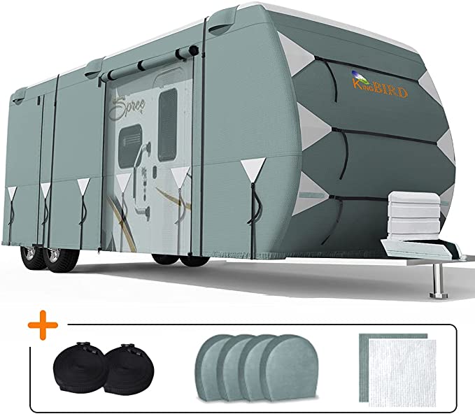 KING BIRD Upgraded Travel Trailer RV Cover, Extra-Thick 5 Layers Anti-UV Top Panel, Durable Camper Cover, Fits 33'- 35' Motorhome -Breathable, Waterproof, Rip-Stop with 2Pcs Straps & 4 Tire Covers