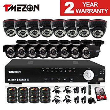 TMEZON 16Channel HDMI DVR CCTV Security Cameras System w/ 8 Outdoor Bullet  8 Indoor Dome 800TVL Day Night Vision Surveillance Cameras P2P Smart Phone View with 1TB Hard Drive