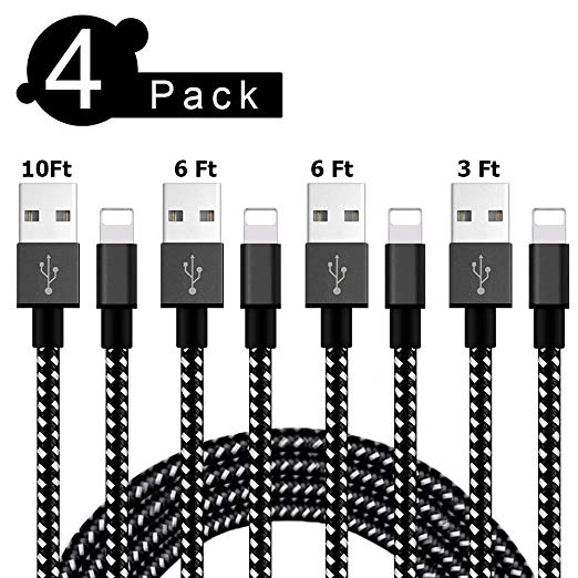 iPhone Charger,MFi Certified Lightning Cable,[4-Packs](3/6/6/10FT) Extra Long Nylon Braided Charging&Syncing Cord Compatible with iPhone Xs/XR/XS Max/X/7/7Plus/8/8Plus/6S/6SPlus/5(Black&White)