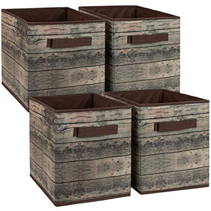 Sorbus Foldable Storage Cube Basket Bin, Rustic Wood Grain Print, 4-Pack (Rustic Bin - Brown)