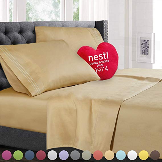 Full XL Size Bed Sheets Set Gold, Bedding Sheets Set on Amazon, 4-Piece Bed Set, Deep Pockets Fitted Sheet, 100% Luxury Soft Microfiber, Hypoallergenic, Cool & Breathable