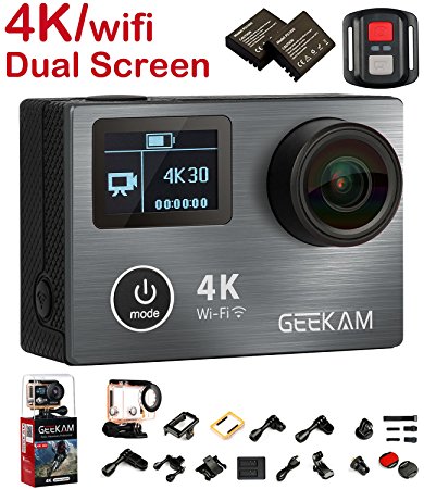 Action Camera Cam, 4K Sport Action Camera Camcorder with Remote Control Waterproof Dual Screen Panasonic CMOS Aluminium Alloy Front Cover Wifi HDMI 170 Degree Wide Angle and Tons of Accessories