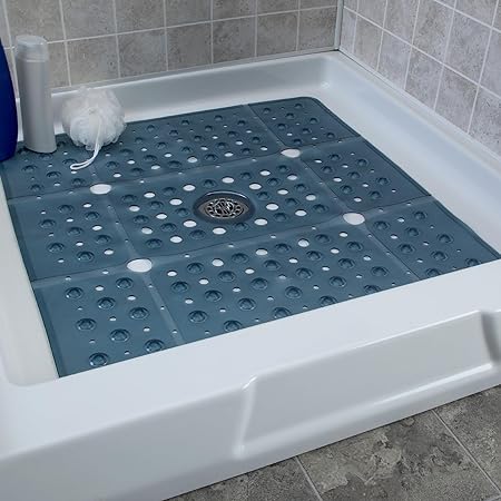 SlipX Solutions Extra Large Square Shower Mat Provides 65% More Coverage & Non-Slip Traction (69cm Sides, 100 Suction Cups, Great Drainage, Translucent Dusty Blue)