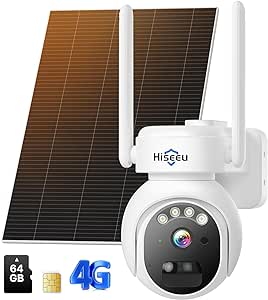 Hiseeu No WiFi Security Camera, 4G Cellular Security Cameras Wireless Outdoor, Solar Cameras 360° PTZ, 2K Color Night Vision, 2-Way Talk, PIR Motion, 64G SD & SIM Card Included