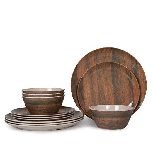 12 Pcs Melamine Dinnerware Set (Wood Grain),Camping Dishes, Lightweight Unbreakable, Dishwasher Safe