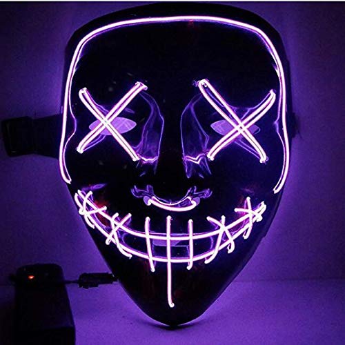 Moonideal LED Light up Mask Festival Parties Frightening Wire Halloween Sound Induction Flash with Music (Purple)