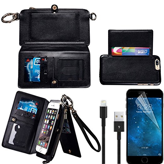 iPhone 7 Plus Wallet Case, iPhone 7 Plus Case, Bonice Premium Leather Zipper Wallet Multifunctional Detachable Removable Purse Card Slot Pocket Pouch Flip Protective Cover for iPhone 7 Plus - Black