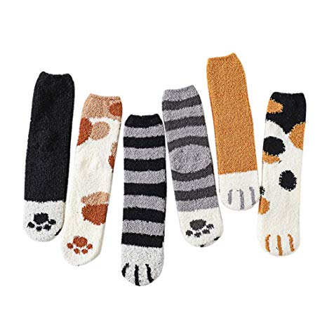 6 Pairs Fuzzy Fluffy Slipper Socks Winter Sleeping Cute Meow Cat Claw Hosiery
