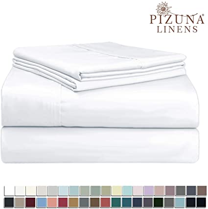Pizuna 400 Thread Count Cotton King Size Bed Sheets White, 100% Long Staple Cotton King Bed Sheets, Soft Satin Deep Pocket King Sheet Sets Fit Upto 15 inch (100% Cotton Bedding Sets King Size White)