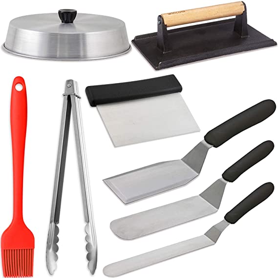 Grill Griddle BBQ Accessories Set 8 Pieces - Includes 10 Inch Round Basting Cover   Grill Press   3 Spatulas   Scraper   12" Tong   Silicone Basting Brush, Stainless steel, Perfect Grilling Utensils