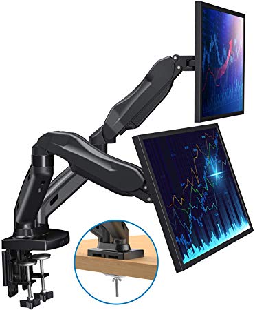 Dual Arm Monitor Mount - Adjustable Gas Spring Desk Mount VESA Bracket with C Clamp/Grommet Mounting Base for 13 to 27 Inch Computer Screens - Each Arm Holds 4.4 to 14.3lbs