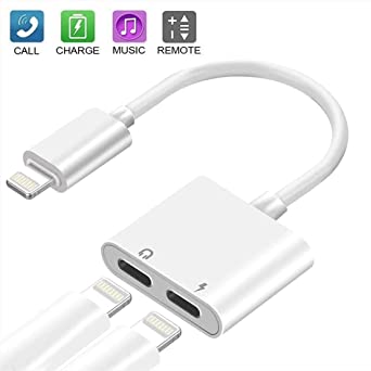 Headphone Jack Splitter Adaptor Cable for iPhnoe,4-in-1 Audoi &Charger &Call &Wire Control,with Dual Lightning Support OS 10.3 or Later,for iPhnoe11/X/XSMAX/XR/7/8 Plus-White