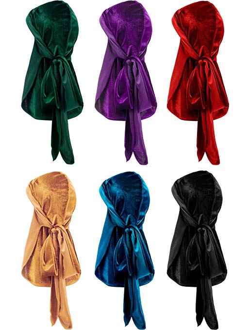 Tatuo 6 Pieces Stretchable Luxury Velvet Durag Cap Straps Headwraps with Long Tail and Wide Straps