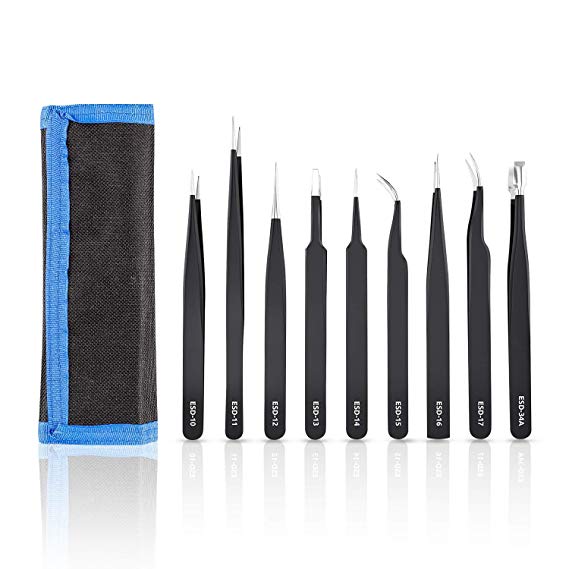 ESD Tweezers Kit Stainless Steel - SunFounder 9pcs ESD Tweezers Kit Precision Anti-Static Tweezers Set Non-Magnetic Multi-Standard Stainless Steel Mai