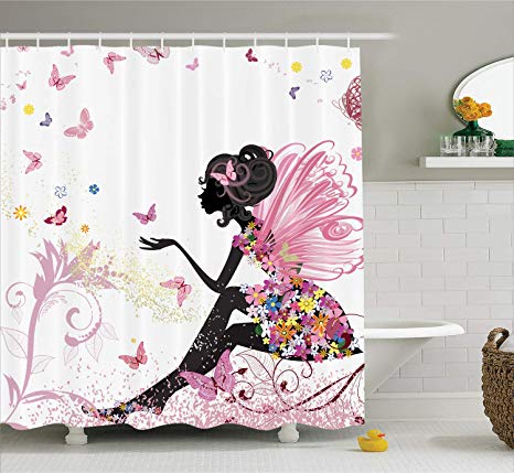 Pink Butterfly Girl with Floral Dress Flower Design Fairy Angel Wings FAE Home Accent Soft Colors Modern Designer Feminine Decor Dreamy Folklore Shower Curtain Black White