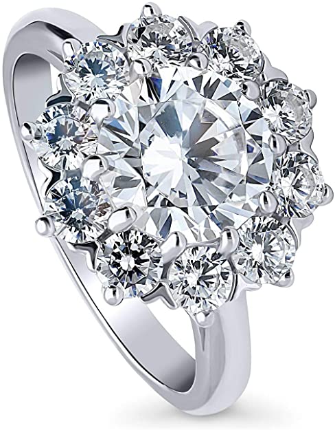 BERRICLE Rhodium Plated Sterling Silver Round Cubic Zirconia CZ Statement Flower Halo Engagement Ring 3.14 CTW
