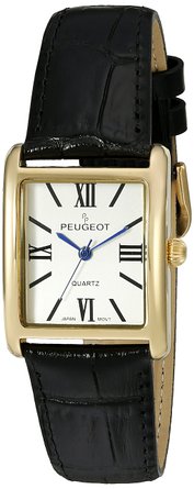 Peugeot Womens 14K Gold Plated Tank Roman Numeral Leather Band Watch 3036BK