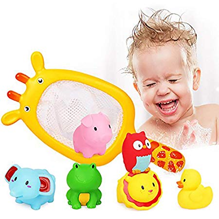 Beiens Baby Bath Toys / Bathtub Toy For Kids, Toddlers 9 Months  Boys & Girls, Giraffe Fishing Spoon-Net and 6 Floating Soft Rubber Animals Toy Sound, Squirts