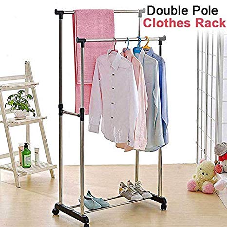 TOUA Stainless Steel Double-Pole Clothes Hanger/Rack Clothes Hanging Garment Rack Rolling Bar Rail Rack Clothes Rack