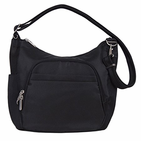 Travelon Anti-Theft Classic Crossbody Bucket Bag (One Size, BLACK w/Purple Lining)