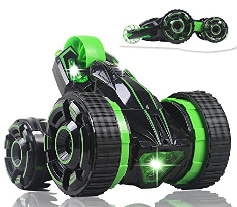 Three King 5 Wheeled Remote Control 2-sided Extreme High Fastest Speed Tumbling Action Stunt Car with Lights(Green)