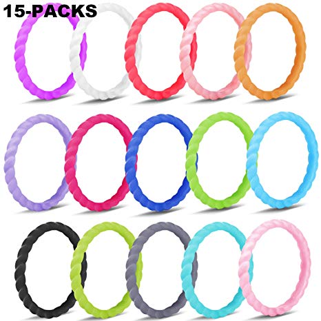 Rngeo Silicone Wedding Ring for Women, 15 Pack Thin Stackable Braided Rubber Wedding Bands, Antibacterial Comfortable Durable Fashionable Elegant Affordable Skin Safe & Friendly (Multicolored)