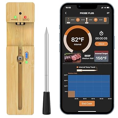 Smart Meat Thermometer Wireless, 300ft Wireless Range Bluetooth Meat Thermometer Digital, Food Thermometer with Ultra-Thin Probe Lasts 16 Hour for Monitoring of BBQ Oven Smoker Stove Rotisserie