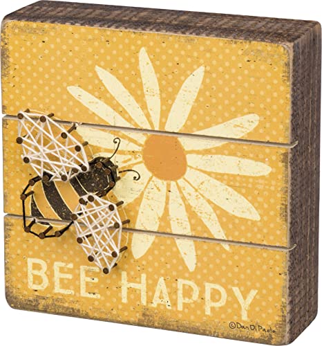 "Primitives by Kathy Slat String Art Box Sign, 6"" x 6"", Bee Happy" (35313)