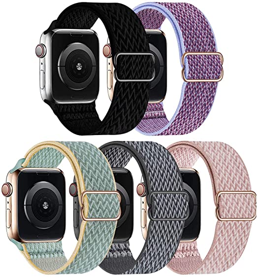 GBPOOT 5 Packs Nylon Stretch Band Compatible with Apple Watch Bands,Adjustable Soft Sport Breathable Loop for Iwatch Series 6/5/4/3/2/1/SE,Black/Lilac/Sunshine/Storm Gray/Rosepink,38/40mm