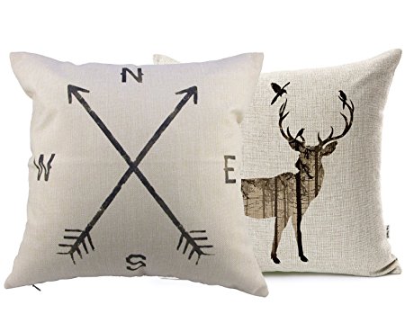 YouYee Simmias Cotton Linen Throw Pillow Case Cushion Cover, Cartoon Deer (Set2)