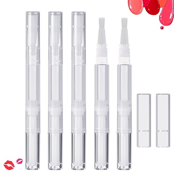 KINGMAS 5 Pack 3ml Empty Transparent Twist Pen Cosmetic Container Lip Gloss Eyelash Growth Liquid Tube, Nail Oil Pen Brush