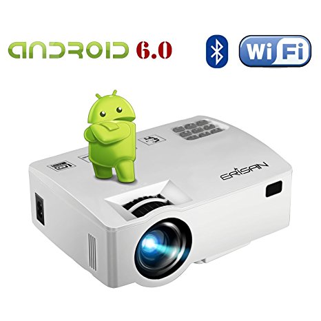 ERISAN 2200 Lumens Android 6.0 Projector (Warranty Included), Bulit-In WiFi Bluetooth Mini Smart Video Beam, Portable Multimedia LED Projector for Movie Video Games APP (White)