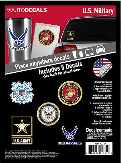 Decalcomania U.S. Military Stickers and Decals Logo Branches - Marine Corps, Army, Air Force, Coast Guard, Navy Stickers - Set of 5 US Military Decals for Car Window