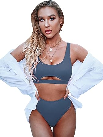 Milumia Women's Ribbed Cutout Bikini Set Cheeky High Cut High Waisted Bathing Suits