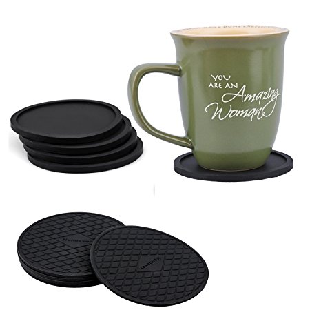 Good Quality Silicone Coasters Set of 10 Black Modern Design Best Holders for Beer / Coffee Cup 3.9 inch Each of Two Different Styles and a Soft Cloth Pouch