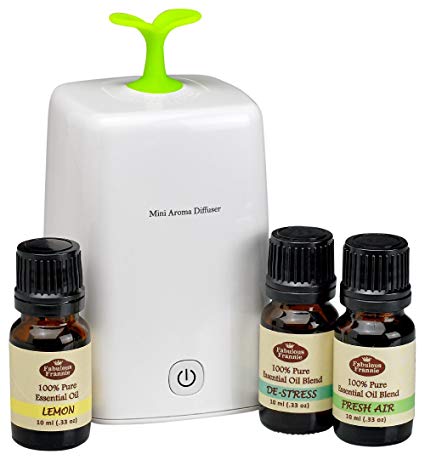 Fabulous Frannie Nebulizing Aromatherapy Diffuser Set with Pure, Therapeutic Un-Diluted Essential Oils Lemon, De-stress & Fresh Air