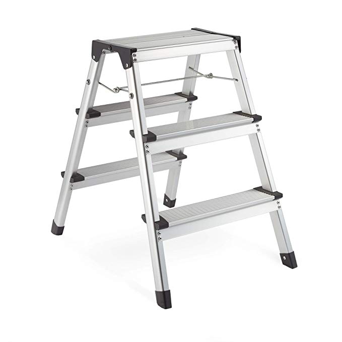 VonHaus 3 Step Ladder Double Sided - Multi Purpose, Strong & Lightweight Aluminium Build – Anti Slip Feet – Easy to Store Foldable Design – Ideal for Home/Kitchen/Garage