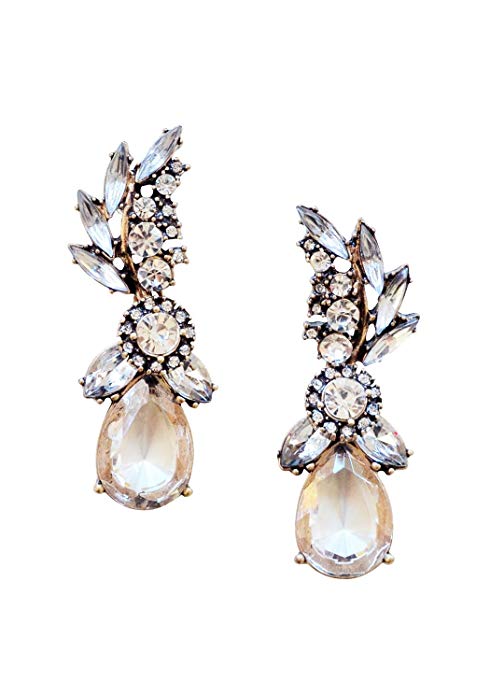 Statement Earrings in Clear Color | Chandelier Drop Earrings in Vintage Gold Color