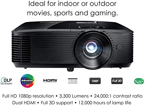 Optoma HD243X 1080p Projector for Movies and Gaming, Super Bright 3300 Lumens, Long 12000h Lamp Life, 3D Support, Easy Setup with Zoom and Keystone Adjustment (Renewed)
