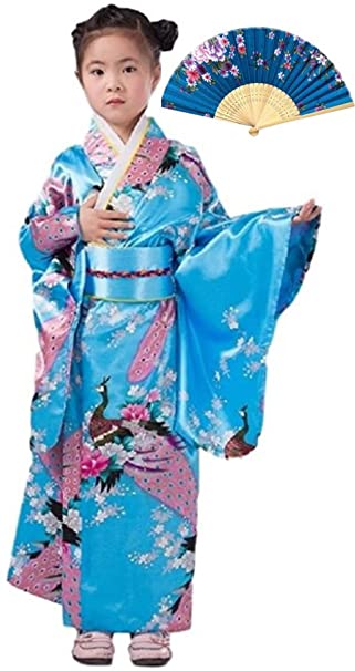 CRB Womens Girls Kimono Japanese Asian Top Dress Robe Sash Belt Fan Set Outfit