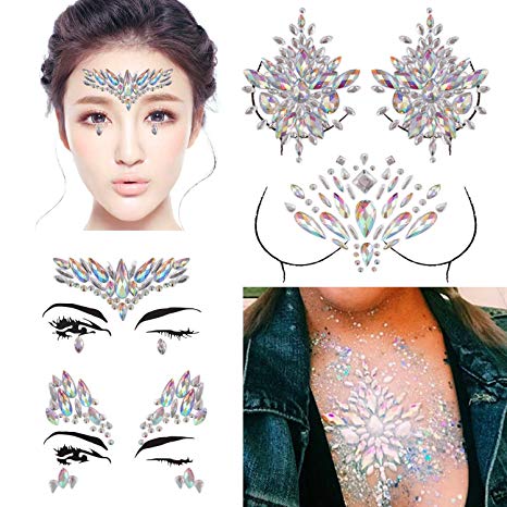 DaLin 4 Sets Rave Festival Rhinestone Face Body Jewelry Stick On Crystal Tattoo Nipple Crystal Body Gem Stones Bindi Stickers (Collection 1)